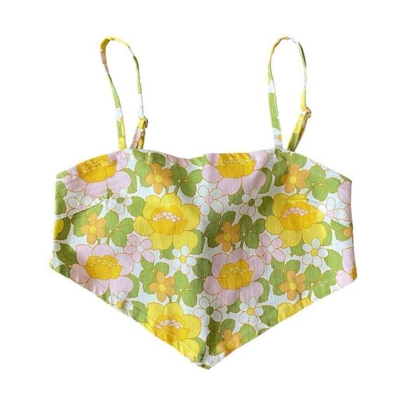 Show Me Your Mumu Denim Retro Floral Print Handkerchief Crop Top NWT Size Small - Picture 3 of 8